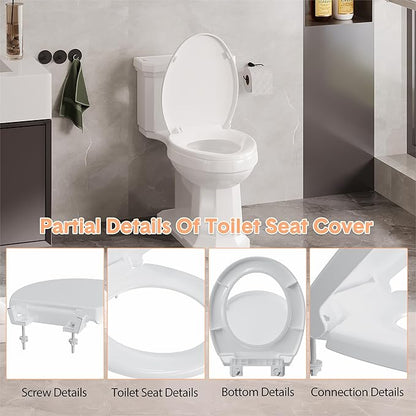19" Elongated Toilet Seat with Quiet-Close Lid, Soft Close Slow Close Cover with Quick-Release & Quick-Attach Hardware, Full Flat White, Easy Clean Design, Grip-Tight Bumpers