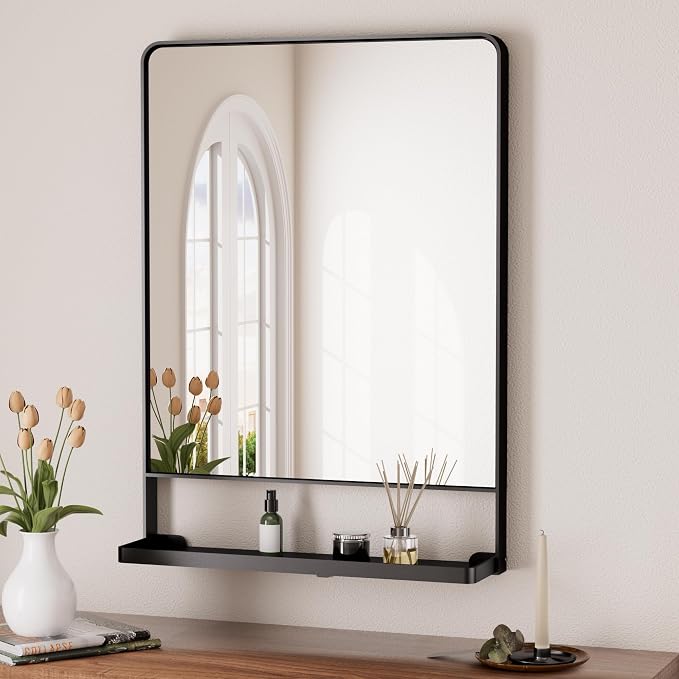 Keonjinn 22 x 30 Inch Black Bathroom Mirror with Shelf, Rust-Resistant | Rounded Corner, Rectangle Metal Bathroom Vanity Mirror with Storage, French Cleat Mount, Entryway, Bedroom, Hallway, Décor