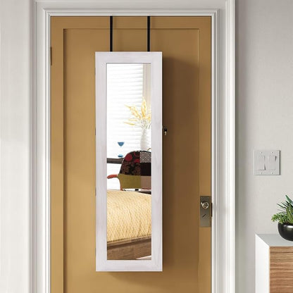 SRIWATANA Washed White Jewelry Cabinet with Full Length Mirror, Solid Wood | Wall & Door Mounted Wood Jewelry Armoire; Space-Saving Mirror Cabinet with Lockable Door & Large Capacity