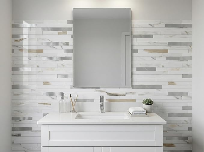 Yipscazo 10 Sheets Peel and Stick Stone Metal Tile Backsplash, Stick on Tiles for Backsplash Kitchen, Bathroom, Laundry Room, Camper, Fireplace (12'' X 12'', Polished Marble)