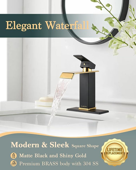 Black & Gold Waterfall Bathroom Sink Faucet – Single Hole 304 Stainless Steel Faucet with Metal Pop-Up Drain, Low-Profile Design for Modern Vanities