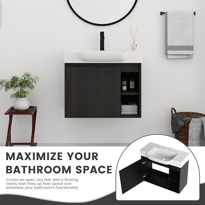28" Floating Bathroom Vanity with Sink Combo,28 Inch Floating Vanity,Modern Single Sink Bathroom Vanity Combo,Black Wall Mounted Cabinet Set