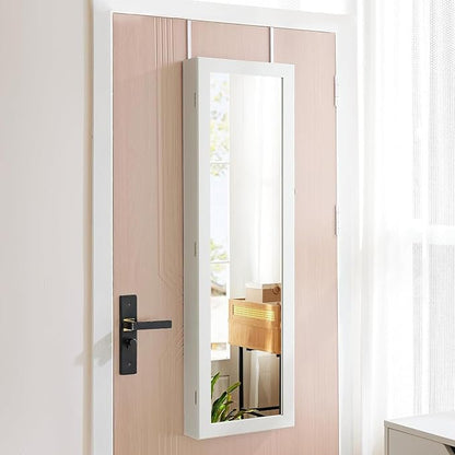 Jewelry Organizer Cabinet, 47.2-Inch Lockable Jewelry Armoire with Full-Length Mirror, Wall or Door-Mounted, Large Storage with 6 LEDs, 3.85" D x 14.25" W x 47.24" H, White
