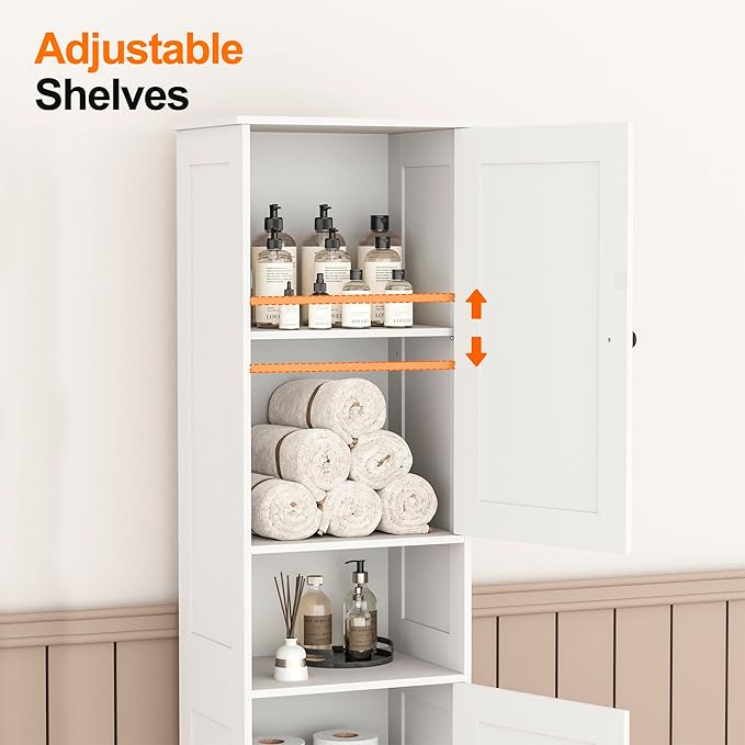 Tall Bathroom Storage Cabinet with 2 Doors, 67"H Narrow Storage Cabinet with Adjustable Shelves& Anti-Tip Design, Reversible Door Installation, Easy Assembly, 11.8 x 15.7 x 66.9 Inches, White