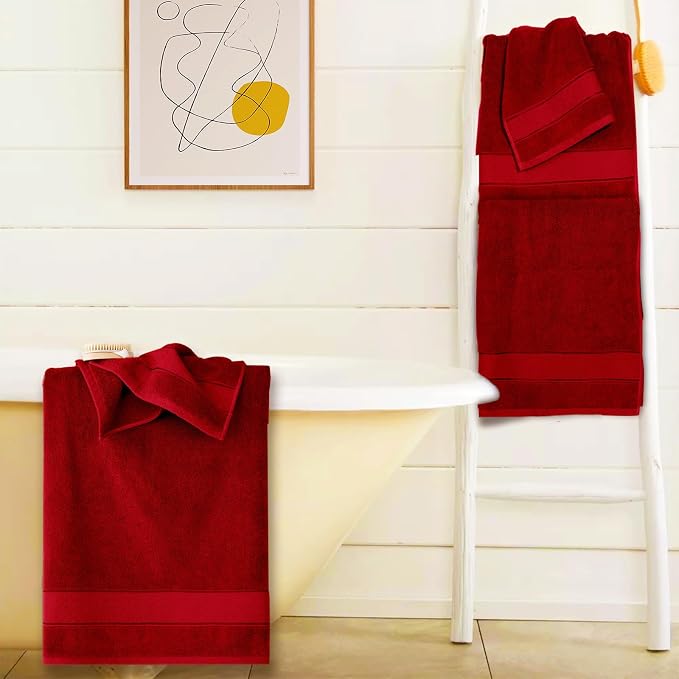 COZYART Bath Towel Set 6 PCS, Luxury Cherry Red 100% Turkish Cotton 650GSM | Soft Absorbent Quick Dry, OEKO‑Tex 100 Cert. Zero Twist Ring Spun Cotton, Plush Fluffy, Breathable Hotel Quality Towels Set