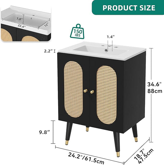 DWVO 24 Inch Rattan Vanity with Sink, Small Freestanding Bathroom Vanity Cabinet, Boho Style with 2 Large Soft-Closing Doors & Four-Sided Water Barrier Strip, Black