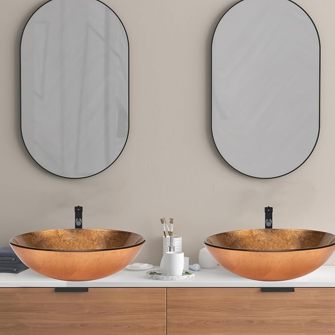 YIMAI 16" Gold Glass Vessel Sink Tempered Glass Above-Counter Bathroom Sink Bowl, Countertop Vanity Basin with Matching Faucet & Pop-Up Drain Included, Easy Install for Master or Powder Room