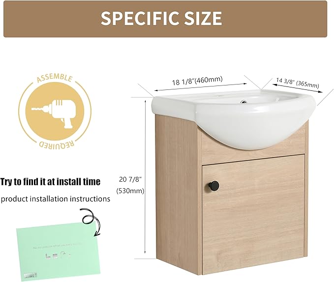 18" Floating Bathroom Vanity with Sink, 18inch Wall Mounted for Small Bathrooms, Soft-Close Door Cabinet with White Ceramic Basin & Waterproof Plywood, Modern Space Saving Vanity, 02318PLO