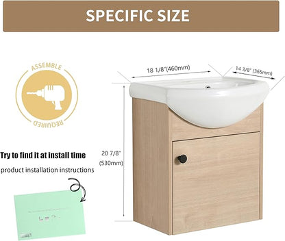 18" Floating Bathroom Vanity with Sink, 18inch Wall Mounted for Small Bathrooms, Soft-Close Door Cabinet with White Ceramic Basin & Waterproof Plywood, Modern Space Saving Vanity, 02318PLO
