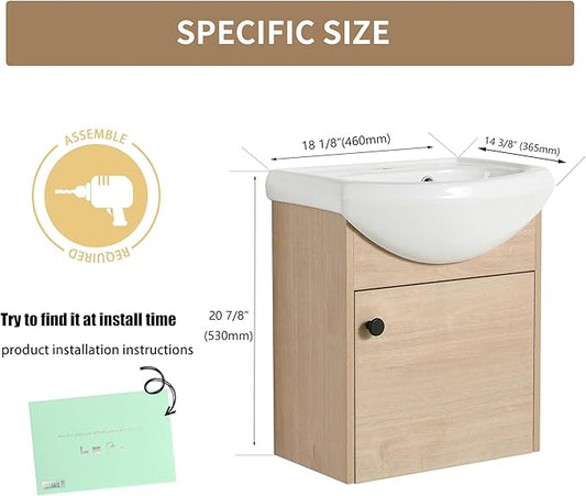 18" Floating Bathroom Vanity with Sink, 18inch Wall Mounted for Small Bathrooms, Soft-Close Door Cabinet with White Ceramic Basin & Waterproof Plywood, Modern Space Saving Vanity, 02318PLO