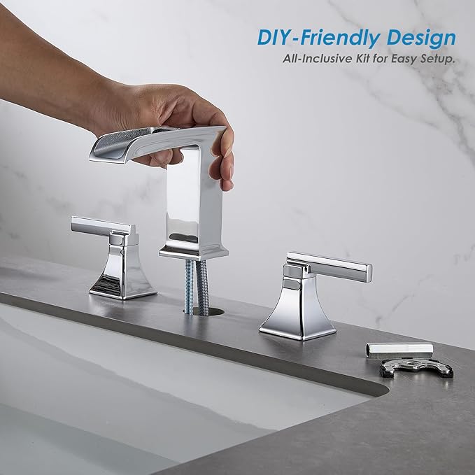 Chrome Bathroom Sink Faucet,Sanliv 3-Piece Widespread Bathroom Faucets for 3-Hole Sinks 4-8 inch,2-Handle Waterfall Vanity Faucet with Drain Assembly,Polished Chrome