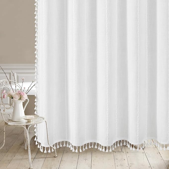 Boho Farmhouse Tassel Linen Shower Curtain,3D Embroidery Stripe White,72x84 | Extra Long Xl,310GSM Striped Texture Heavy Duty Cloth,Water Repellent,Wrinkle Resistant,Vintage Rustic Country design