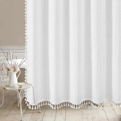 Boho Farmhouse Tassel Linen Shower Curtain,3D Embroidery Stripe White,72x84 | Extra Long Xl,310GSM Striped Texture Heavy Duty Cloth,Water Repellent,Wrinkle Resistant,Vintage Rustic Country design