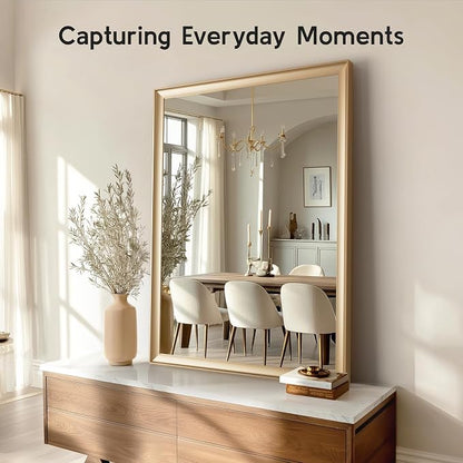 Gold Bathroom Mirror 30x40 Inch, Rectangle Vanity Mirror | Brushed Gold Bathroom Mirror for over sink, Bedroom, Entryway, Living Room, Aluminum Alloy Framed, Curved Wide Edge