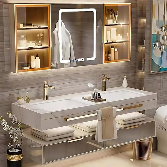 Bathroom Vanity with Sink - Single/Double Sink Bathroom Vanity & LED Fog Removal Mirror Cabinet, Modern Design, Wall-Mounted Floating Vanity (Double Sink, 52“)