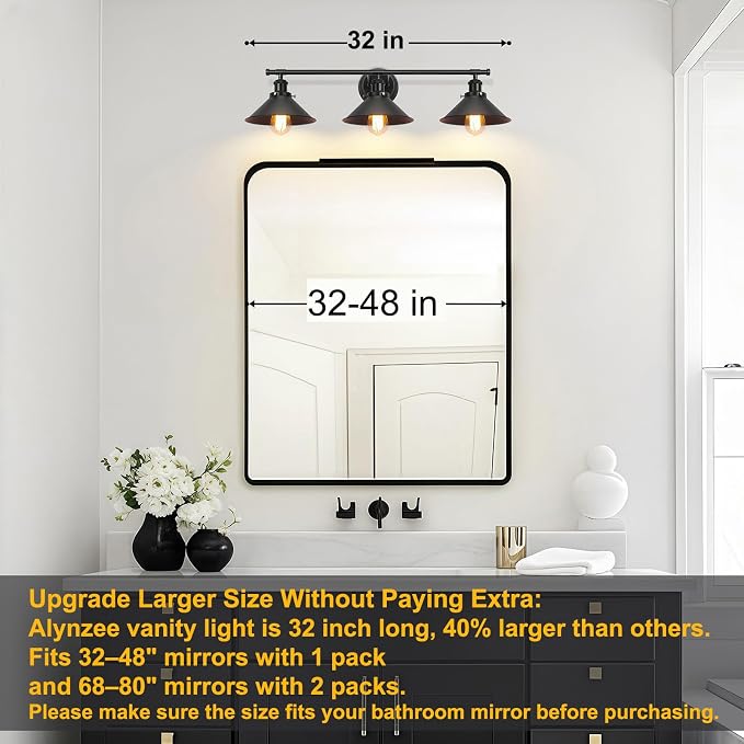 Upgrade Black Farmhouse Bathroom Light Fixtures, Vanity Lights for Bathroom | 32" Larger Size, Solid Metal Shade, Matte Black Vanity Light, 32"-48" Mirror, 3-Light Rustic Industrial Kitchen Wall Sconce