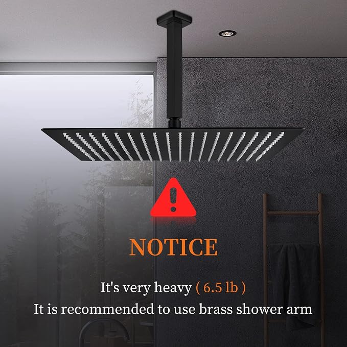 16 Inch Square Rain Shower Head | 304 Stainless Steel, 324 Jets, Ultra Thin High Pressure Bathroom Rainfall Showerhead, Matte Black