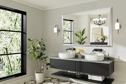 60x40 Inch Brushed Silver Bathroom Mirror for Wall, Thick Metal Framed Rectangle Mirrors for Over Sink, Bedroom, Living Room, Entryway, Anti-Rust, HD Tempered Glass