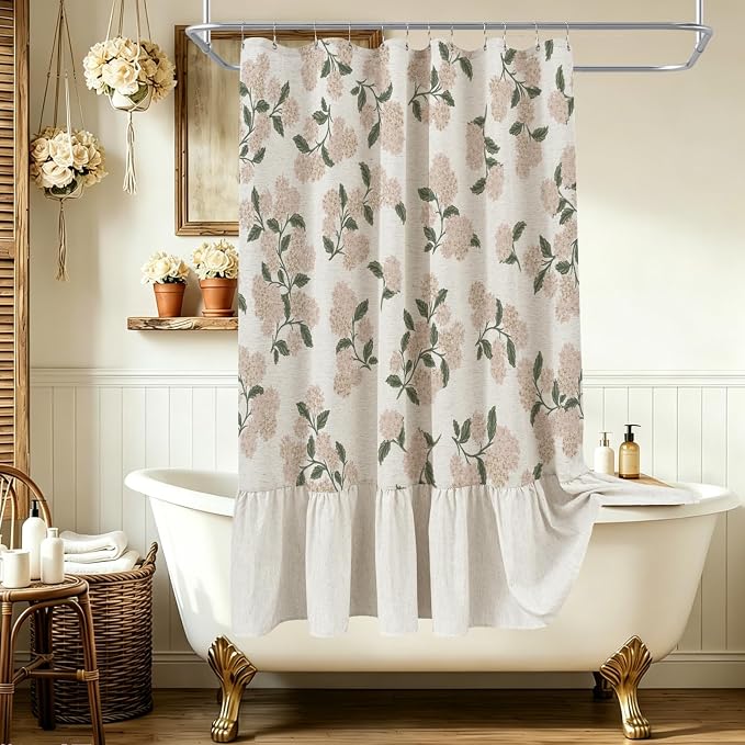 ORTIGIA Linen Textured Ruffle Shower Curtain with Metal Hooks, Vintage Light Pink Hydrangea Floral Boho Waterproof Bath Curtain for Rustic Farmhouse Bathroom Decor 72x72 Inch