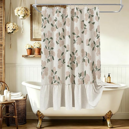 ORTIGIA Linen Textured Ruffle Shower Curtain with Metal Hooks, Vintage Light Pink Hydrangea Floral Boho Waterproof Bath Curtain for Rustic Farmhouse Bathroom Decor 72x72 Inch