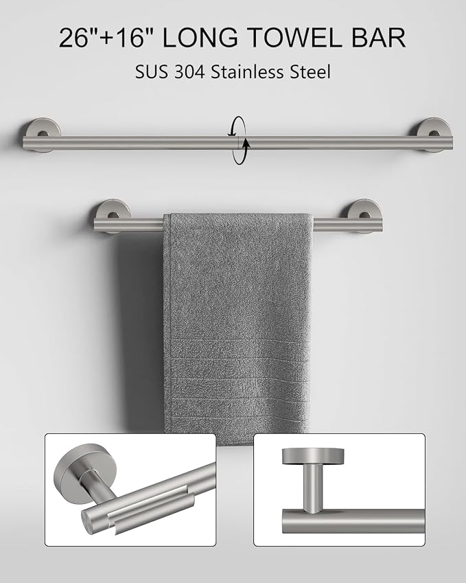 Wall-Mount Towel Bar Bathroom Hardware Accessory Set 12-Piece | Brushed Nickel,Stainless Steel,Wall Mount,Bathroom Hardware Set,Simple DIY installation,Stain-resistant and easy to maintain