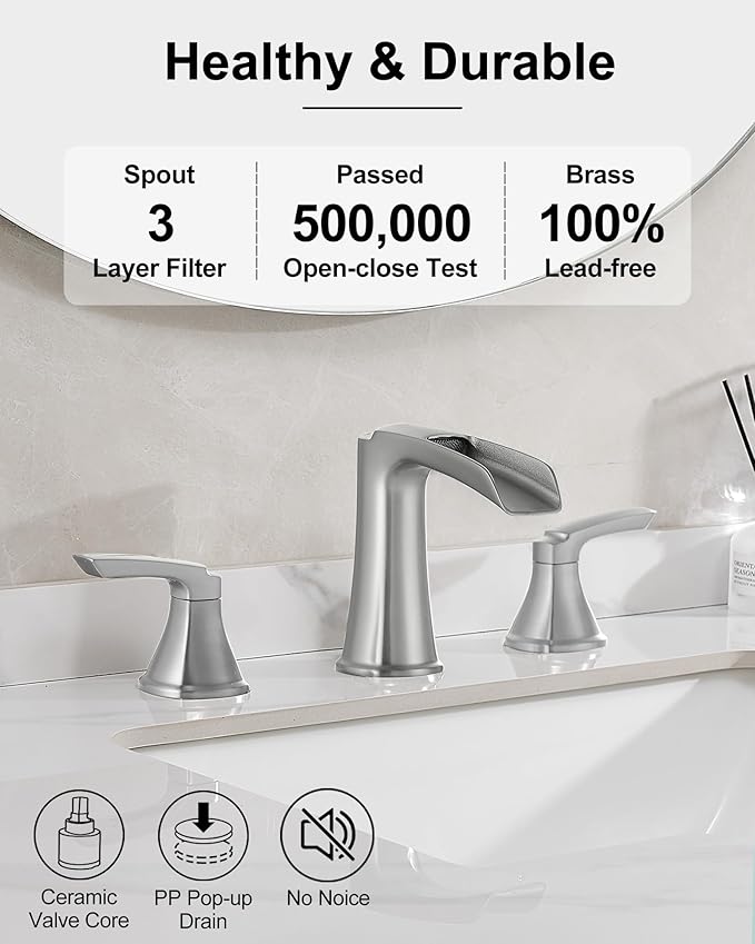 Brushed Nickel Bathroom Faucets, Brass Widespread Waterfall Faucet for Bathroom Sink, 3 Hole Bathroom Sink Faucet, 8 Inch 2 Handle Bathroom Vanity Faucets with Pop-up Drain for Lavatory RV