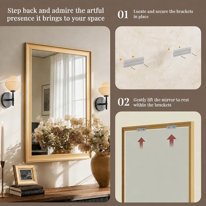 2 Pack 22 x 30 Inch Brush Gold Bathroom Mirror for Over Sink | Curved Aluminum Frame Rectangular Vanity Mirror, HD Tempered Glass, Rust-Resistant Wall Mirror for Bedroom & Entryway