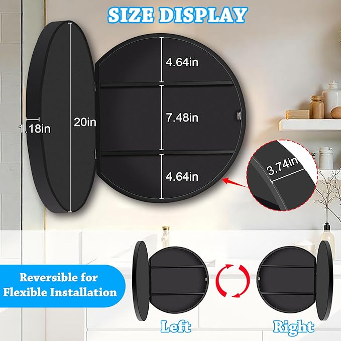 20 x 20 Inch Round Medicine Cabinet with Mirror, Surface Mount Only, Black Metal Frame Bathroom Mirror Cabinet, Modern Shatterproof Vanity Mirror with Storage