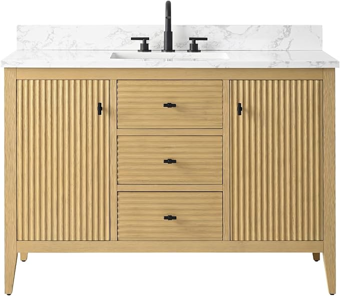 Vanity Art 48 inch Oak Bathroom Vanity with Single Sink & Ceramic Top, Vanity Cabinet with Soft-Closing Door, Solid Wood Frame, Linear Pattern, Natural Oak, VA9148-NO-MB,Matte Black Handles