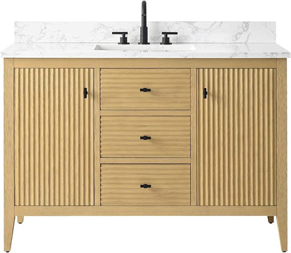 Vanity Art 48 inch Oak Bathroom Vanity with Single Sink & Ceramic Top, Vanity Cabinet with Soft-Closing Door, Solid Wood Frame, Linear Pattern, Natural Oak, VA9148-NO-MB,Matte Black Handles