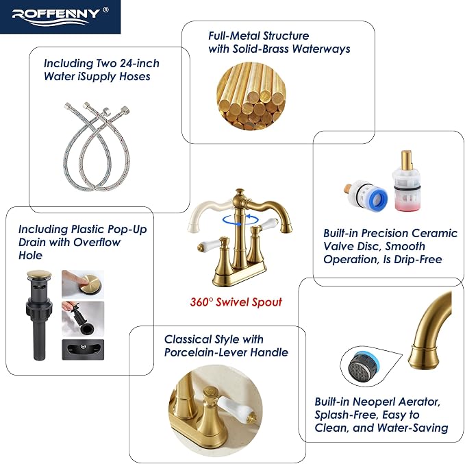 Porcelain 2-Handle Brushed Gold Bathroom Faucet 4 Inch Centerset | with Plastic Pop-up Drain and Two 23.6" Supply Lines, Classical Gold Bath Vanity Sink Faucets for 2/3-Hole Sinks, Brass Spout