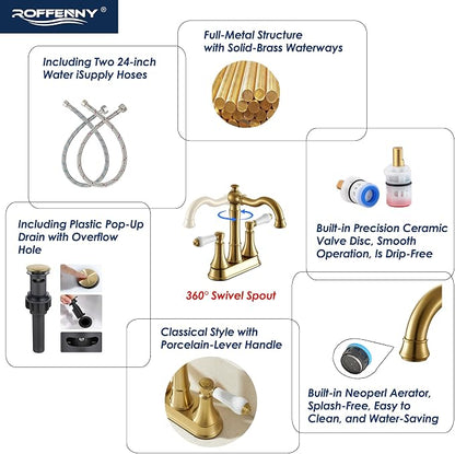 Porcelain 2-Handle Brushed Gold Bathroom Faucet 4 Inch Centerset | with Plastic Pop-up Drain and Two 23.6" Supply Lines, Classical Gold Bath Vanity Sink Faucets for 2/3-Hole Sinks, Brass Spout