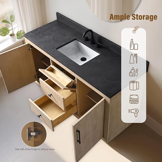 60 Inch Bathroom Vanity with Single Sink & Black Ceramic Top, MDF Material Vanity Cabinet with Basin Combo, Soft-Closing Doors, Removable Shelf, Backsplash