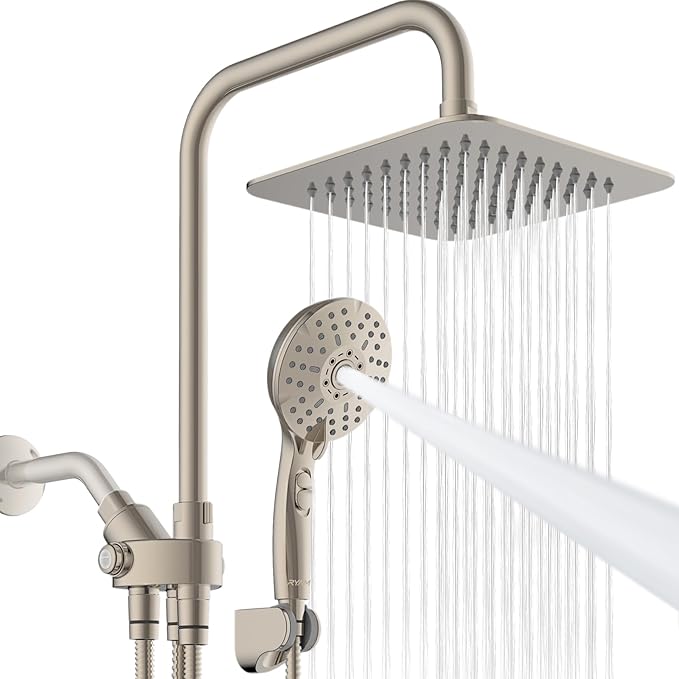 Dual Shower Head Combo, 8'' High Pressure Rain Shower Head with Handheld Spray, 6+1 Spray Settings Handheld Showerhead, Height Adjustable, One-touch Pause Button, Brushed Nickel