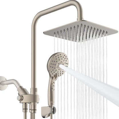 Dual Shower Head Combo, 8'' High Pressure Rain Shower Head with Handheld Spray, 6+1 Spray Settings Handheld Showerhead, Height Adjustable, One-touch Pause Button, Brushed Nickel