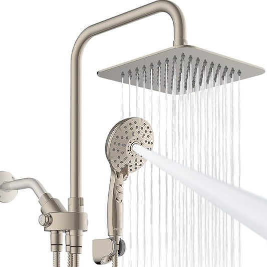 Dual Shower Head Combo, 8'' High Pressure Rain Shower Head with Handheld Spray, 6+1 Spray Settings Handheld Showerhead, Height Adjustable, One-touch Pause Button, Brushed Nickel