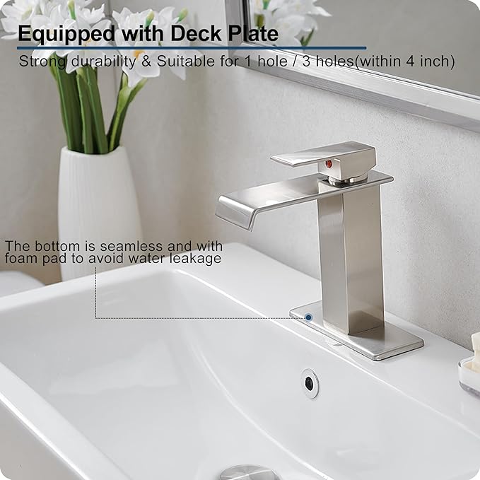 Brass Brushed Nickel Waterfall Faucet, Single Handle Bathroom Faucet, 4 Inch - 1 or 3 Hole with Deck Plate & Pop-Up Drain