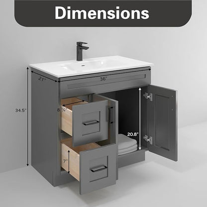 36” Grey Shaker Bathroom Vanity Base – Ready-to-Assemble Sink Cabinet with Drawers, Shaker Style Storage, Base Only, No Top or Sink
