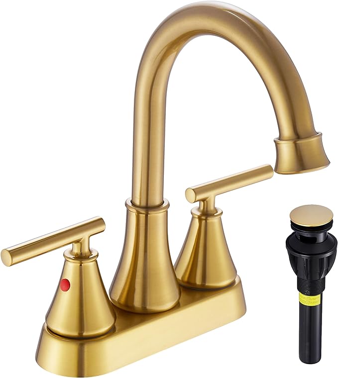 Bathroom Sink Faucet 4 Inch 2 Handle Centerset Brushed Gold Lead-Free Modern Bathroom Faucet Vanity Faucet with Pop-up Drain Stopper and Supply Hoses