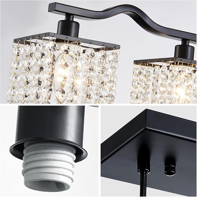 WUZUPS Crystal Chandelier 4-Light Linear Raindrop Pendant Ceiling Light Modern Lighting Fixture for Bedroom Dinning Room Bar Kitchen Island, H8.7'' W4.7'' L30.5, E12 Base, Black