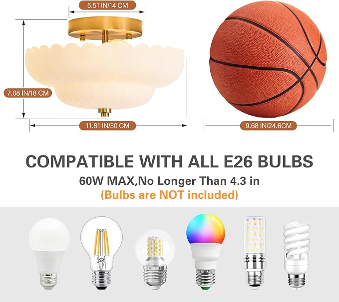 Glass Semi Flush Mount Ceiling Light Fixture,Gold,11.8 in,3-Lights | Milk White Frosted Glass,E26 Base,Support Dimmable,for Hallway,Bedroom,Bathroom,Entryway,Kitchen,Foyer,Closet,Laundry Room