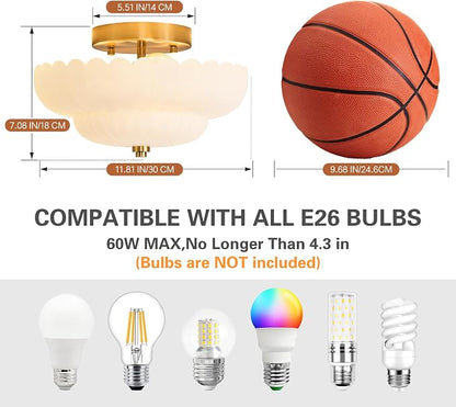 Glass Semi Flush Mount Ceiling Light Fixture,Gold,11.8 in,3-Lights | Milk White Frosted Glass,E26 Base,Support Dimmable,for Hallway,Bedroom,Bathroom,Entryway,Kitchen,Foyer,Closet,Laundry Room