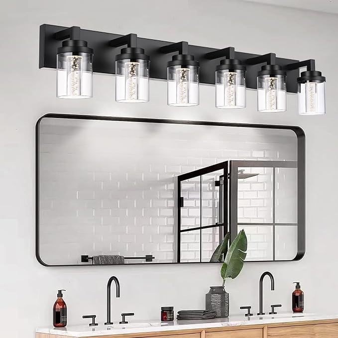 MELUCEE 6-Light Dimmable LED Bathroom Light Fixtures in Black Finish | Modern Bubble Crystal Vanity Lights for Bathroom 5CCT LED Wall Light Fixture with Clear Glass Shade,Built-In Led Chips