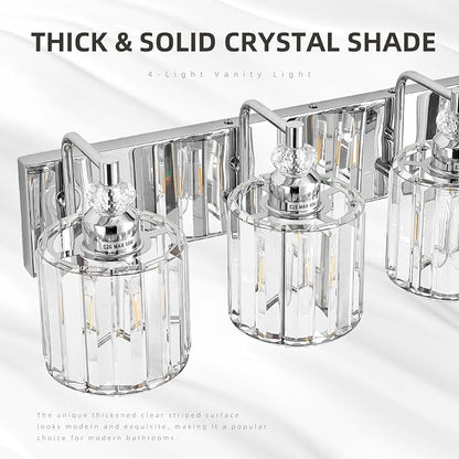 4-Light Modern Bathroom Light Fixture Chrome Bathroom Vanity Lights Over Mirror Wall Sconce Lighting with K9 Crystal Shades E26 Base for Bedroom, Living Room, Hallway, Cabinet Wall Lamp