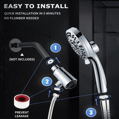 High Pressure Shower Head with Magnetic Back Fixed Base Design,Handheld Showerhead with Hose Set Stainless Steel 59 inches/5 ft 10-Setting 5 inches Large Face,Chrome Finish