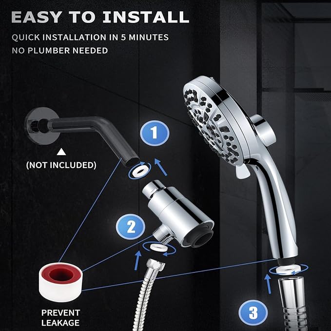 High Pressure Shower Head with Magnetic Back Fixed Base Design,Handheld Showerhead with Hose Set Stainless Steel 59 inches/5 ft 10-Setting 5 inches Large Face,Chrome Finish (Silver)