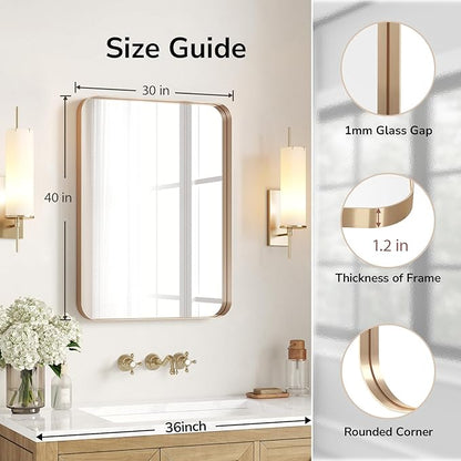 USHOWER Gold Bathroom Mirror 30"x40", Brushed Gold Rectangle Mirror for Over Sink, Aluminum Frame, Anti-Rust, Tempered Glass, Horizontal or Vertical Mounted, Champagne Gold (Neutral Gold)