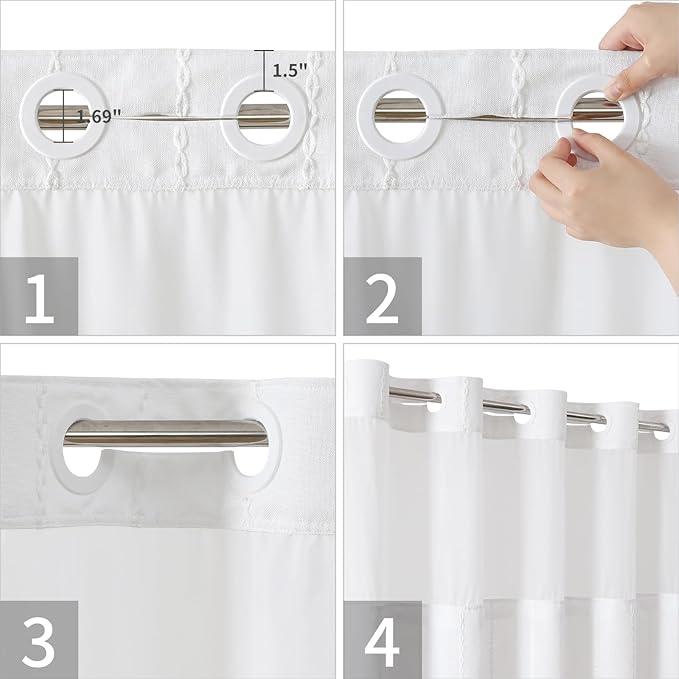 eachope No Hook Stall Shower Curtain with Snap-in Fabric Liner - 54x80 Heavy-Duty Linen Textured Striped Design,Narrow Rustic Modern Farmhouse Bohemian Bathroom Curtain,Water-Repellent,White | 330GSM Heavy-Duty Linen Textured Striped Design,Narrow Rust...