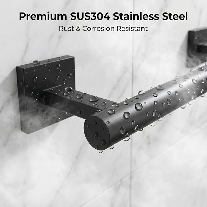 16 in 5-Piece Bathroom Hardware Set, Matte Black | SUS304 stainless steel, towel bar, towel ring, toilet paper holder, 2 robe hooks, hidden screw mount