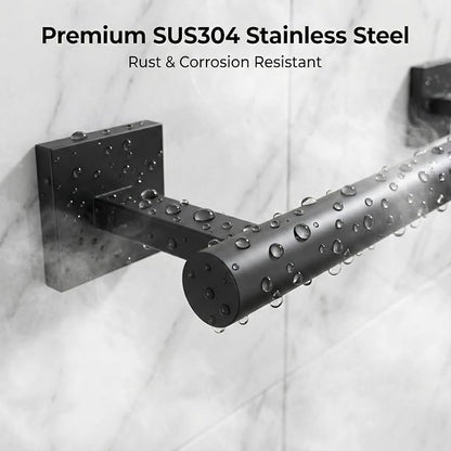 16 in 5-Piece Bathroom Hardware Set, Matte Black | SUS304 stainless steel, towel bar, towel ring, toilet paper holder, 2 robe hooks, hidden screw mount